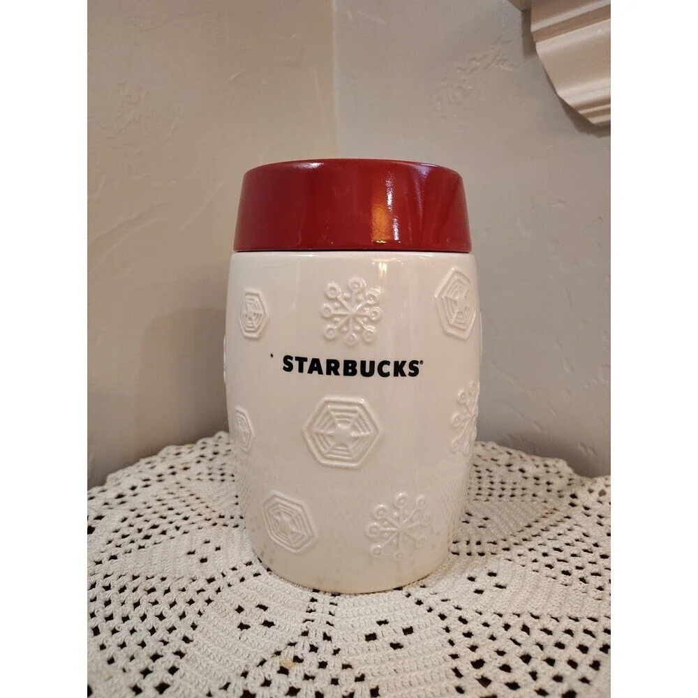 2011 Starbucks Red white Holiday Snowflake Ceramic Coffee Canister 7
